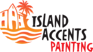 A logo for island accents painting with a house and palm tree.