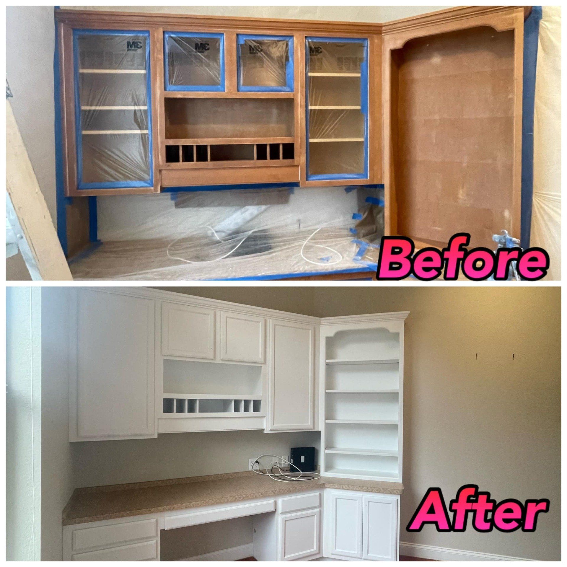 A before and after photo of a kitchen cabinet