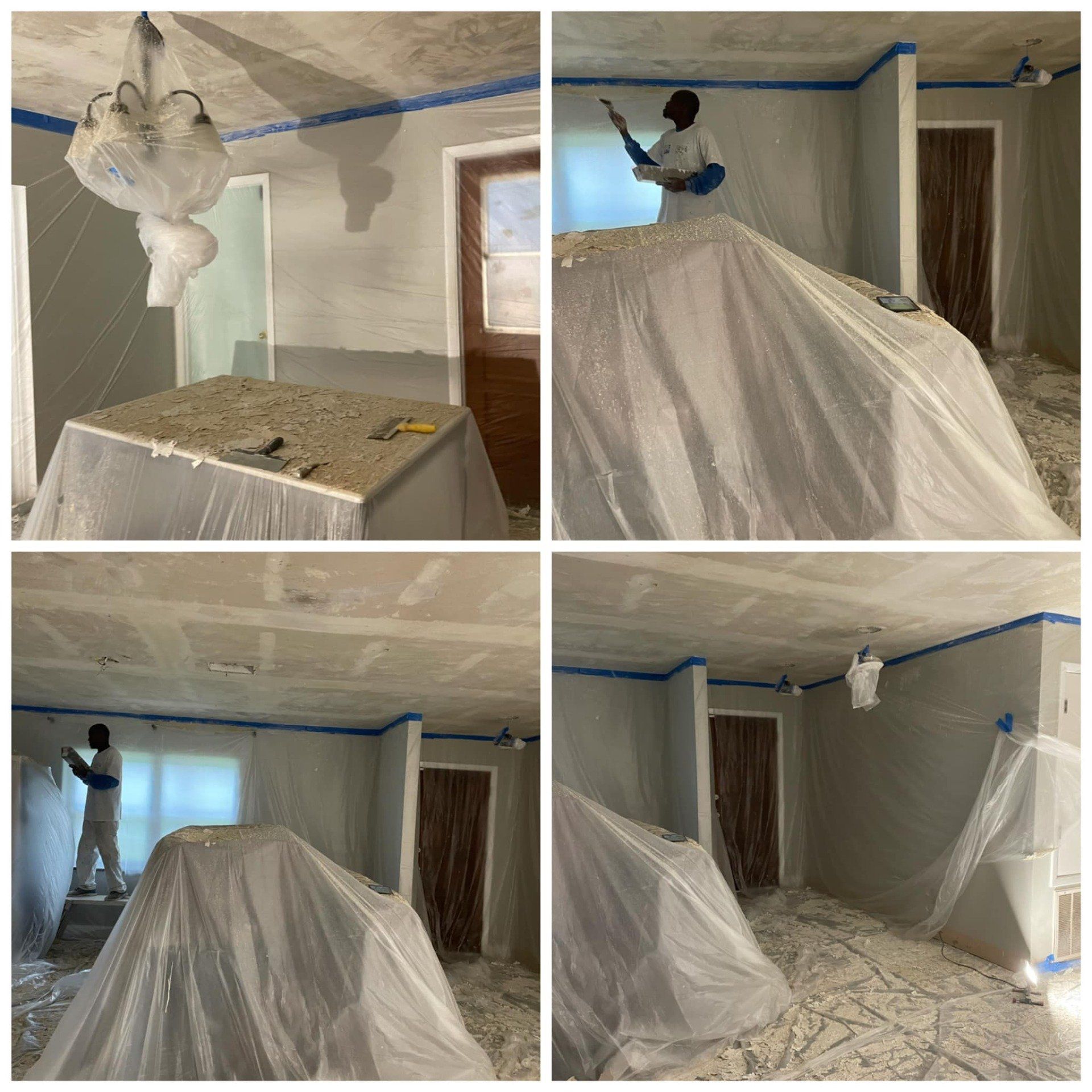 A collage of four pictures of a room being painted