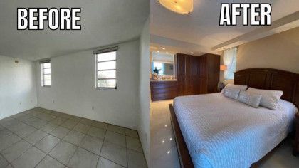A before and after photo of a bedroom with a bed.