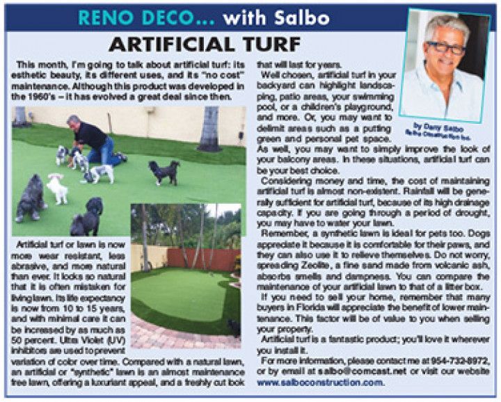 A newspaper article about reno deco with salbo artificial turf