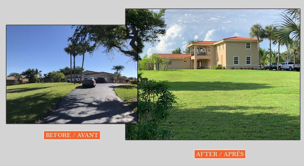 A before and after picture of a house and a driveway