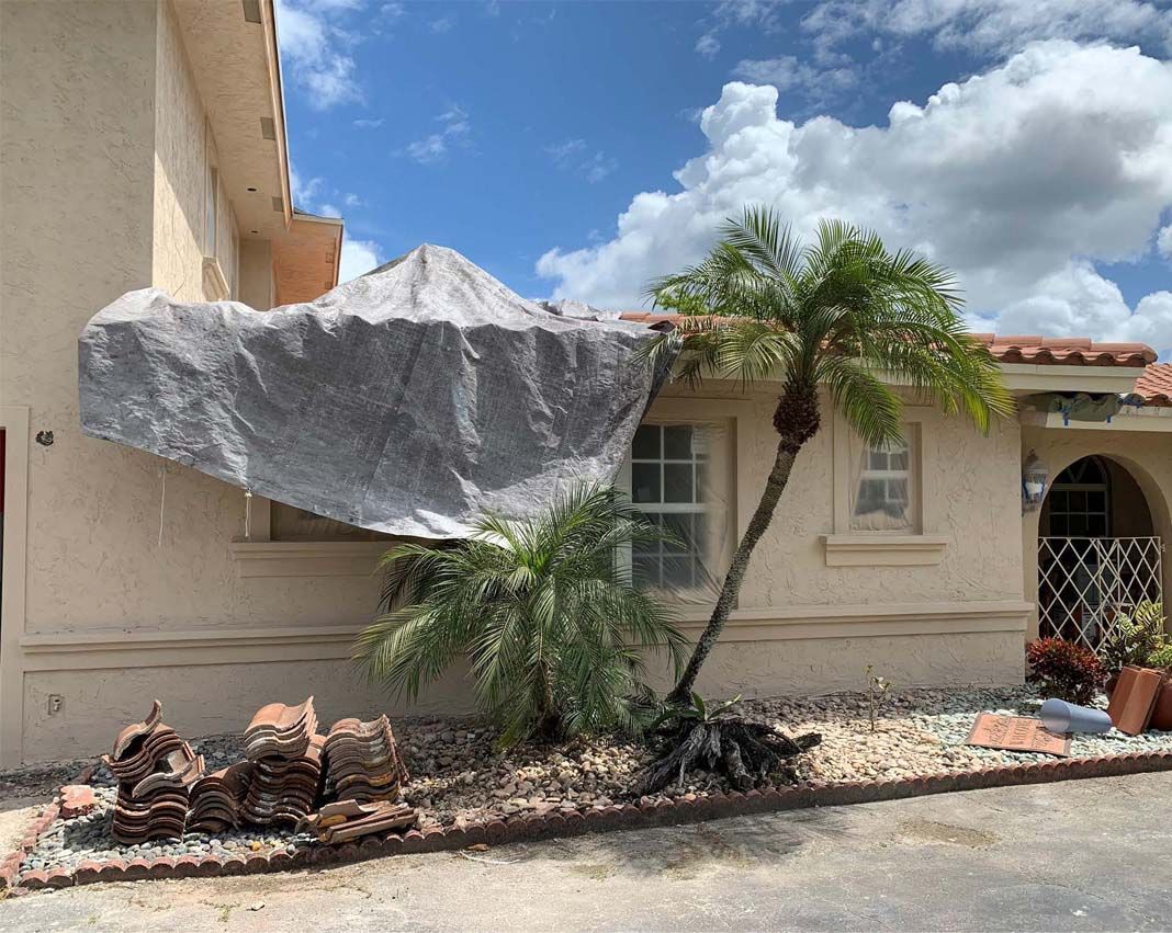 A house with a tarp on the side of it and a palm tree in front of it.