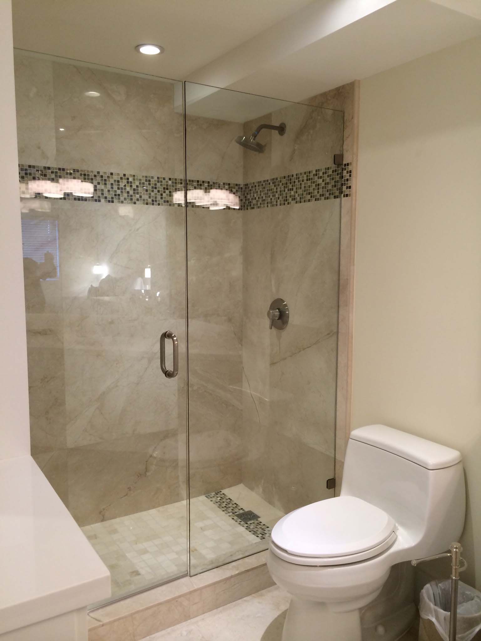 A bathroom with a toilet , shower and glass door.