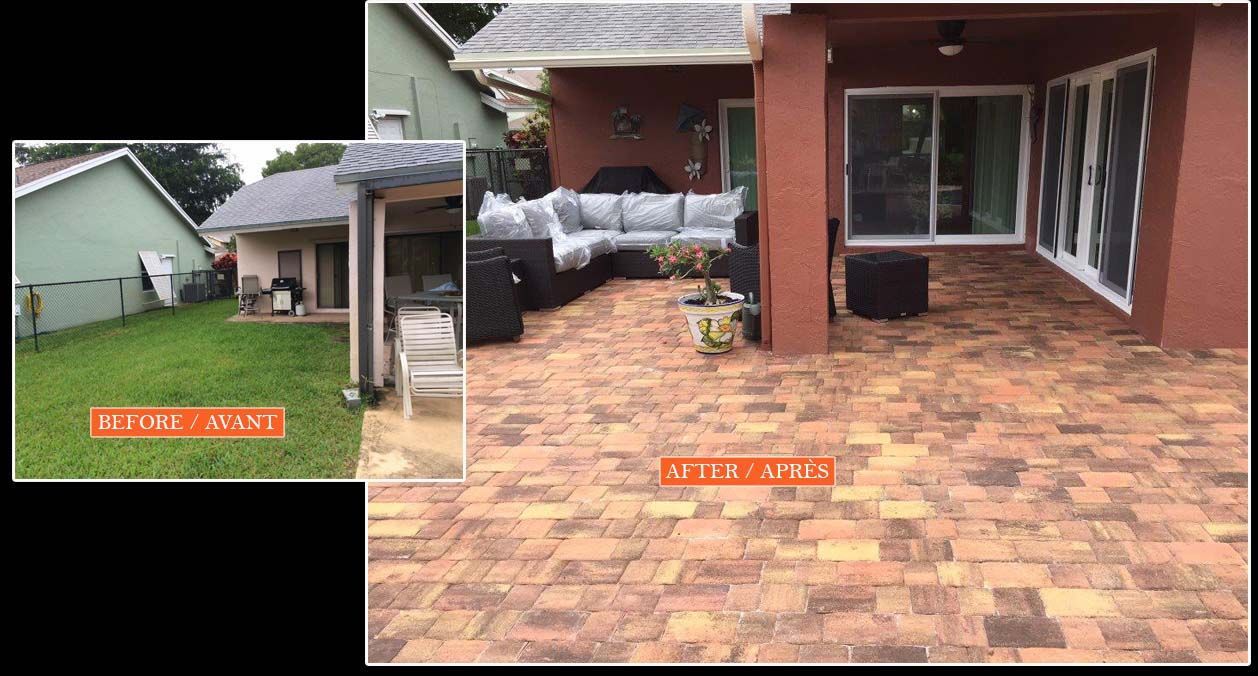 A before and after picture of a patio with a couch and chairs.