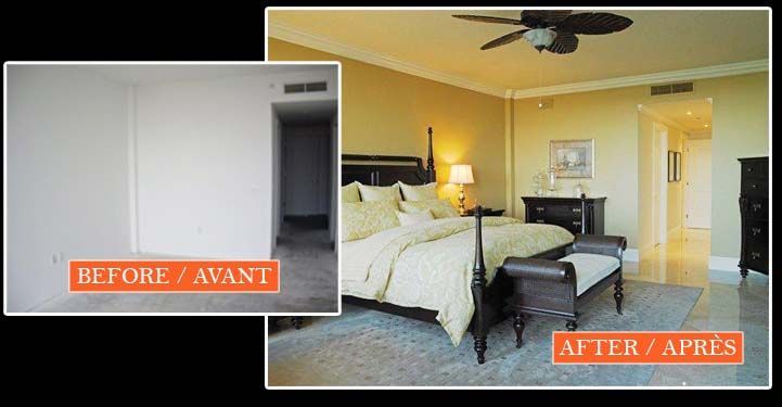 A before and after photo of a bedroom with a ceiling fan