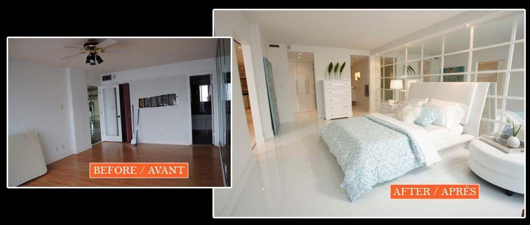 A before and after photo of a bedroom with a bed