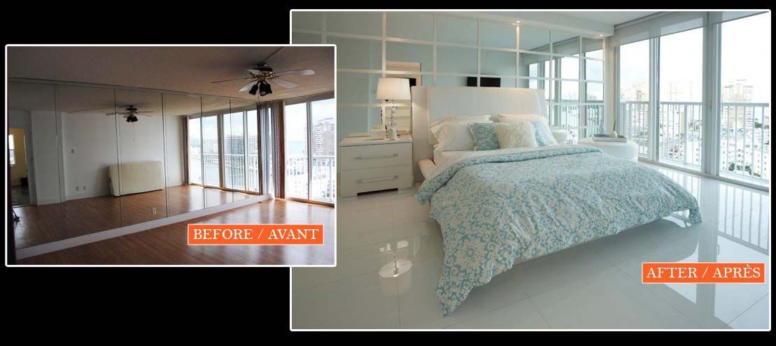 A before and after photo of a bedroom with a bed