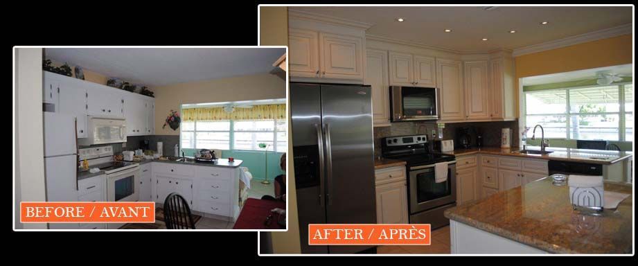 A before and after photo of a kitchen with stainless steel appliances