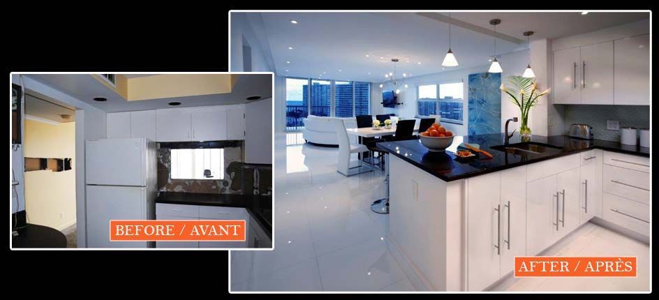 A before and after photo of a kitchen