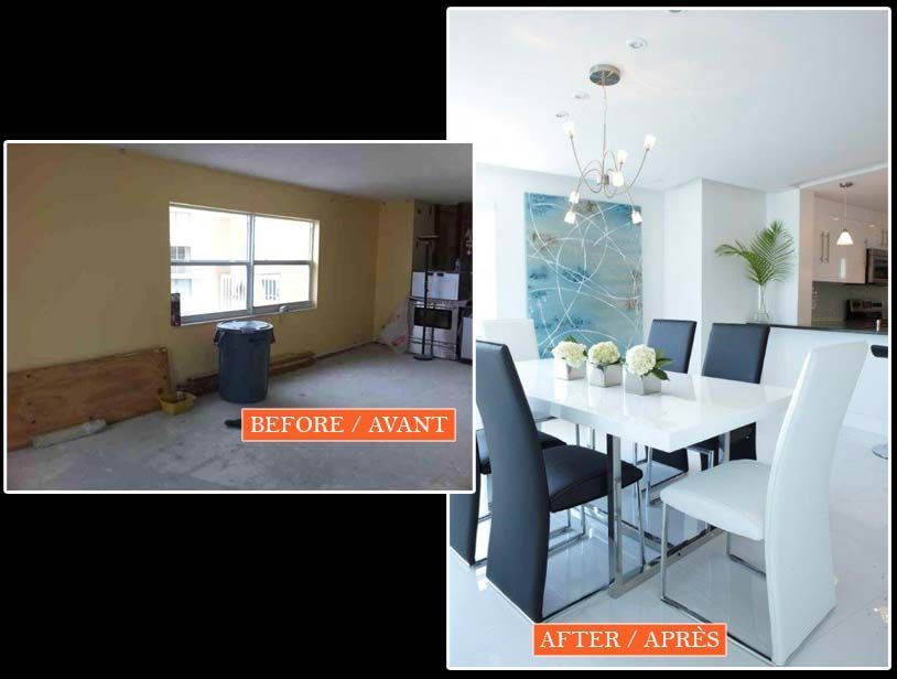 A before and after photo of a dining room