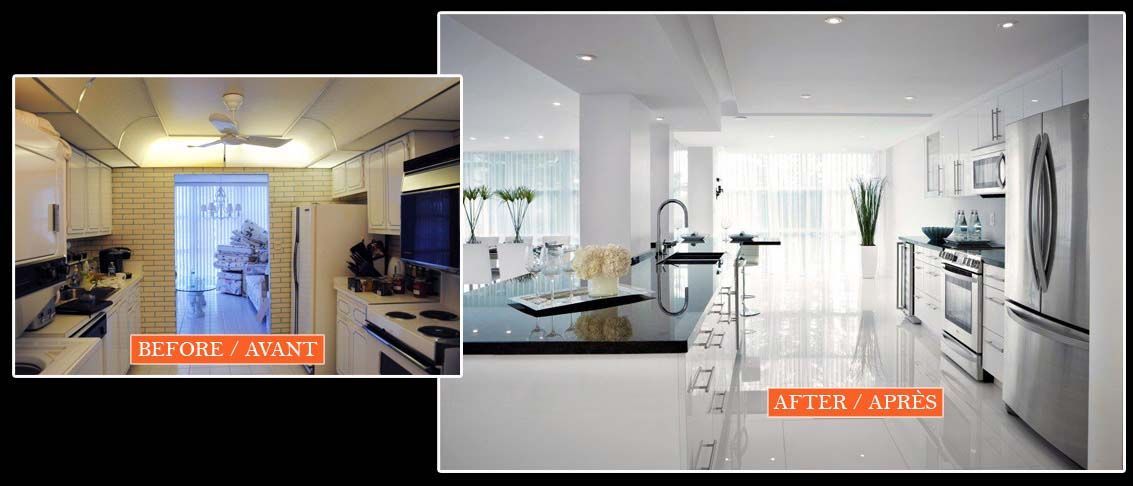 A before and after photo of a kitchen with white cabinets