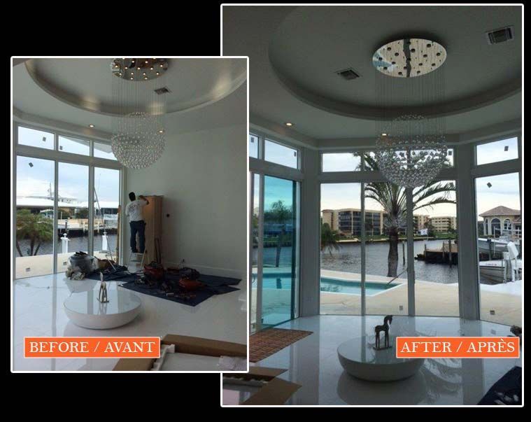 A before and after photo of a living room