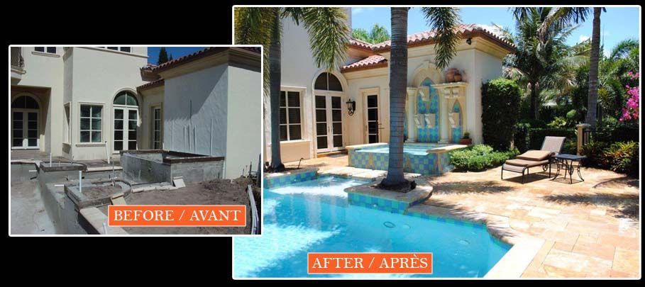 A before and after photo of a house with a pool