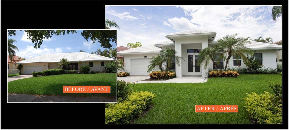 A before and after photo of a white house