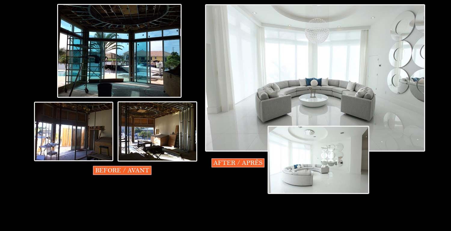 A before and after photo of a living room