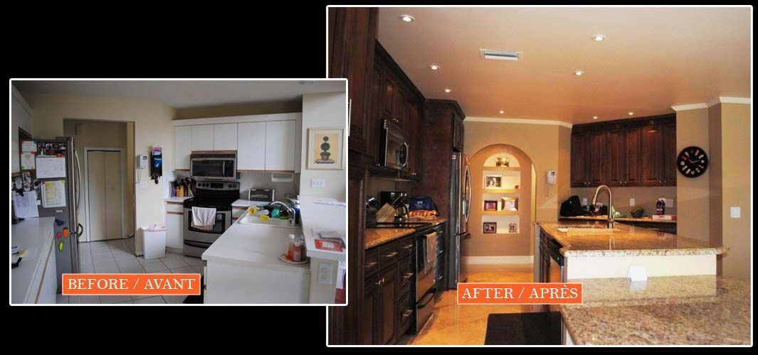 A before and after photo of a kitchen with a clock on the wall