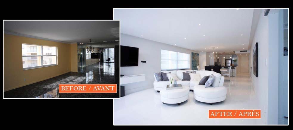 A before and after photo of a living room with white furniture.