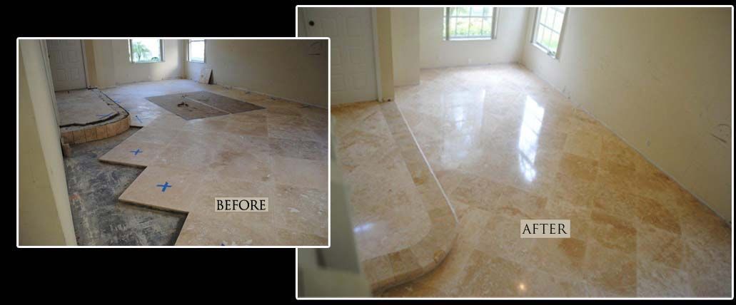 A before and after photo of a marble floor