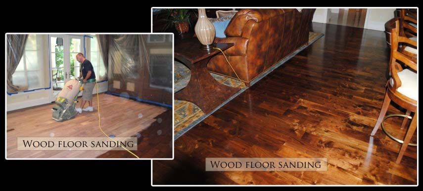 A man is sanding a wooden floor in a living room.