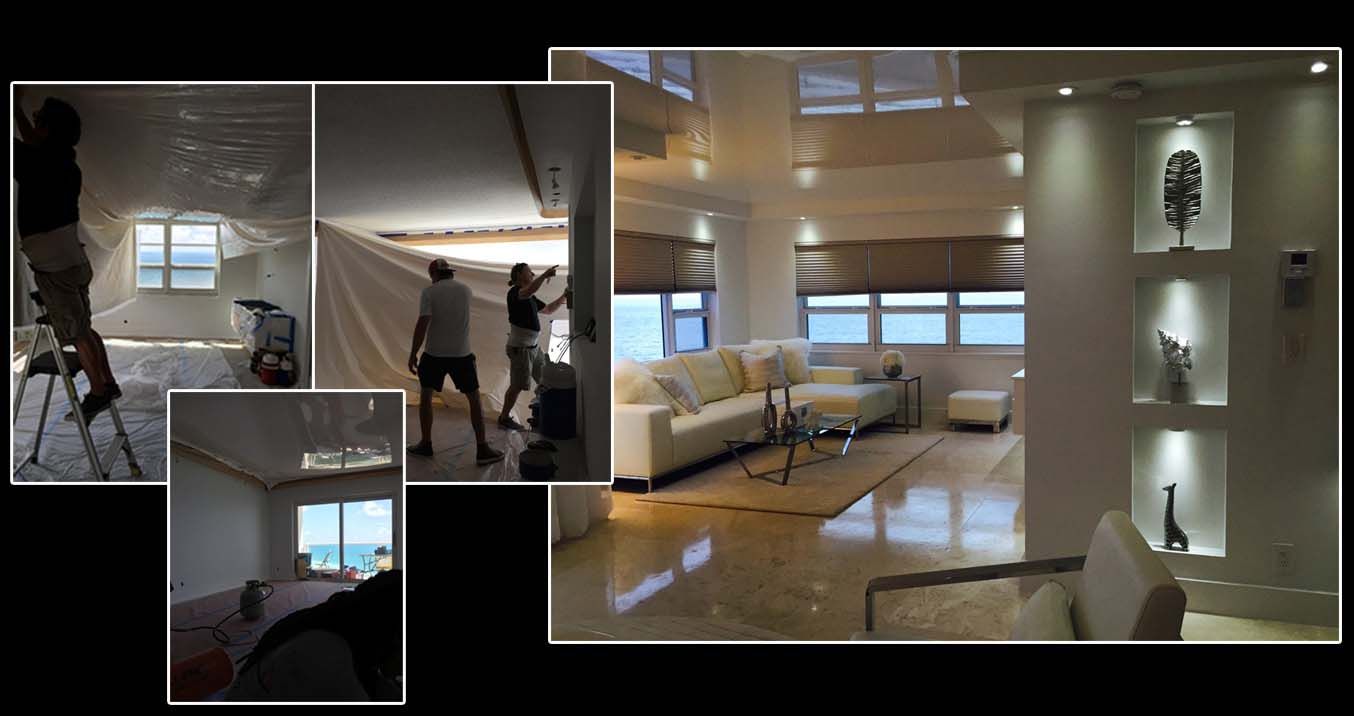 A living room with a ceiling that is being installed.