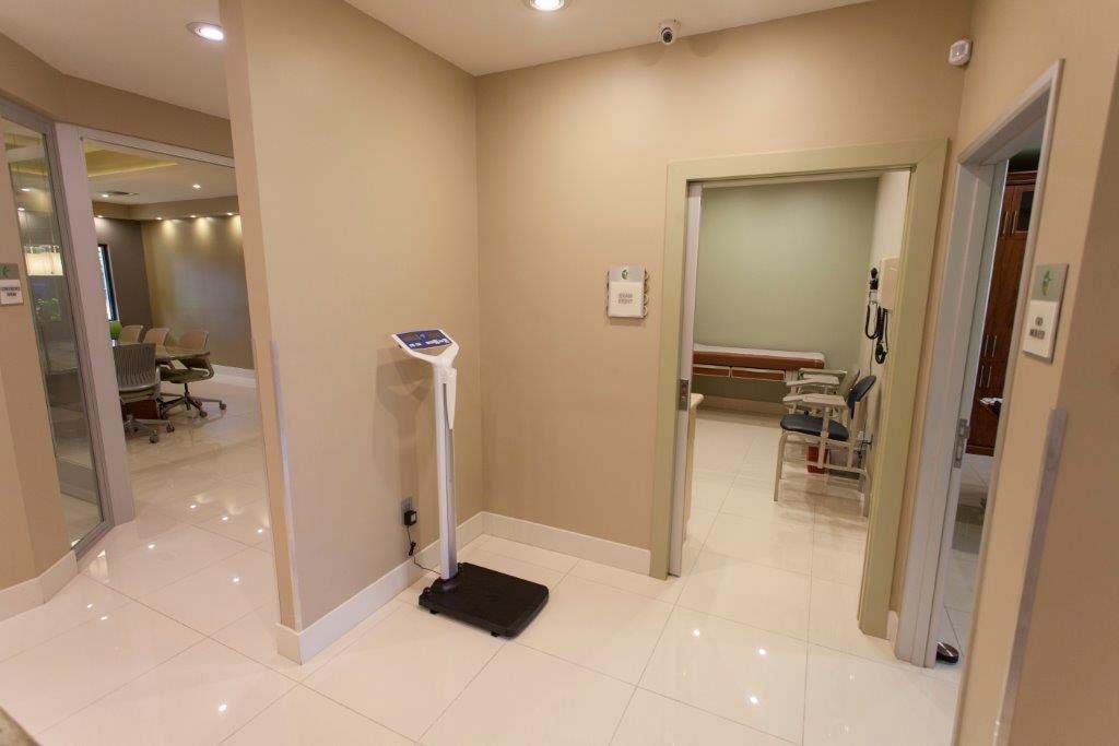 There is a scale in the middle of the room.