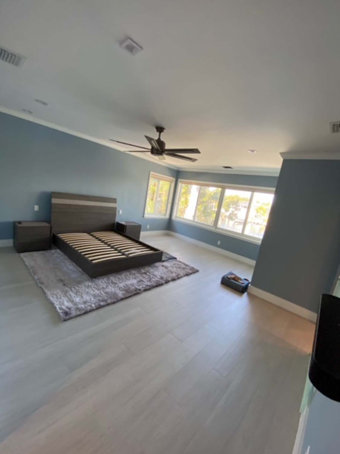 A bedroom with a bed and a ceiling fan