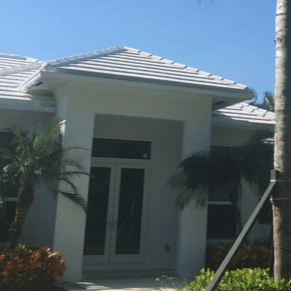 A white house with a palm tree in front of it