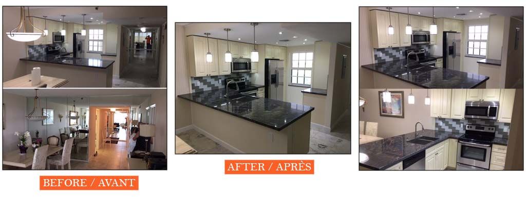 Three pictures of a kitchen before and after being remodeled