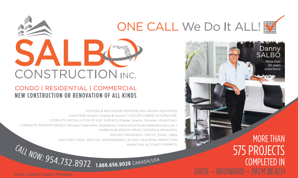An advertisement for salbo construction inc. shows a man sitting at a desk
