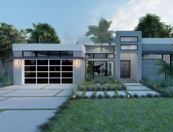 An artist 's impression of a modern house with a large garage door.