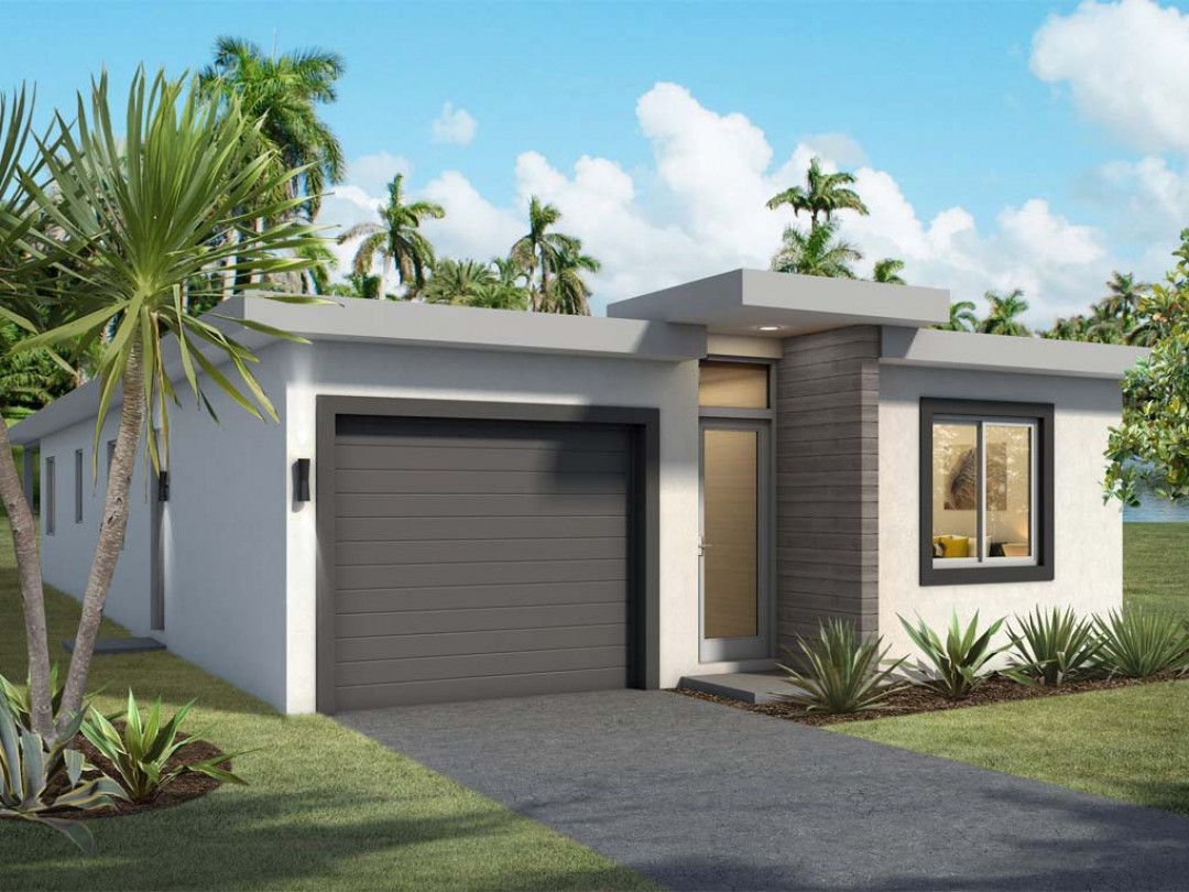 An artist 's impression of a small white house with a garage.