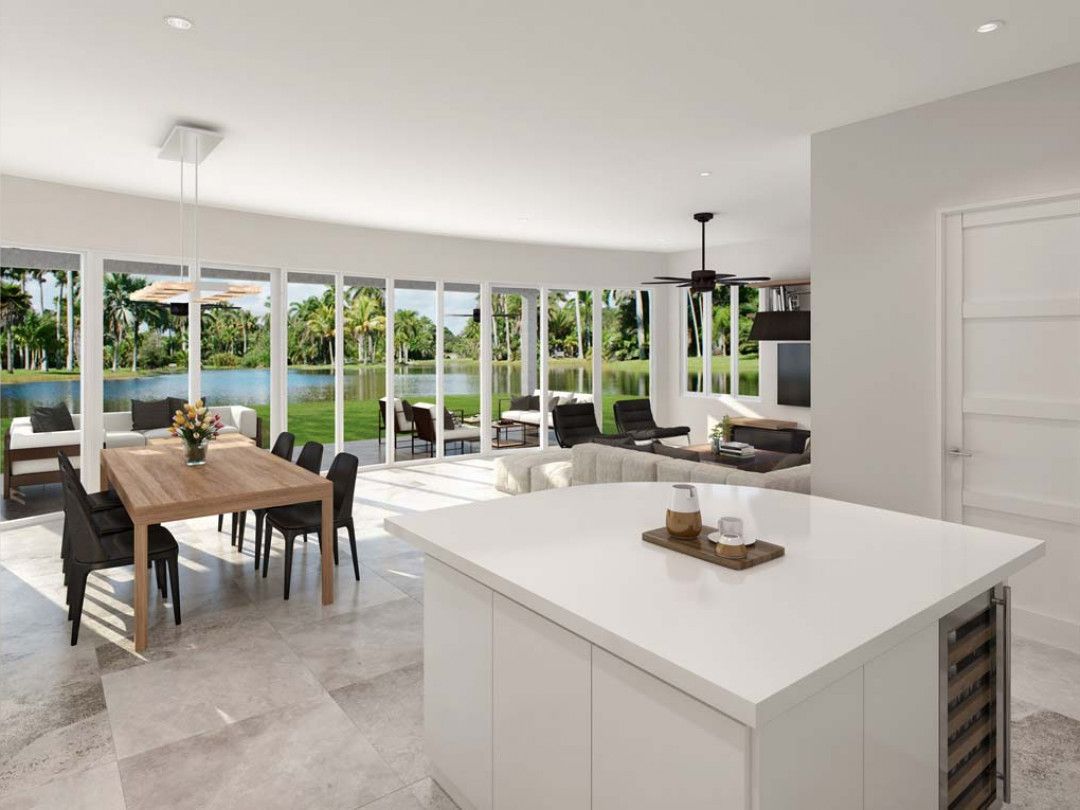 An artist 's impression of a kitchen and dining room in a house.