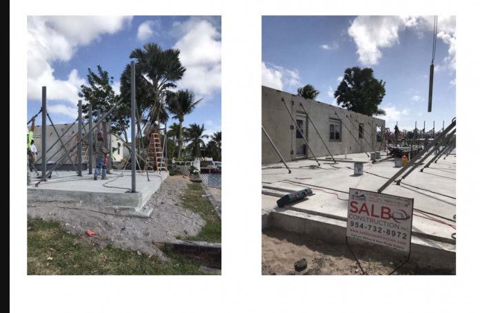 Two pictures of a building under construction with a for sale sign in the foreground.