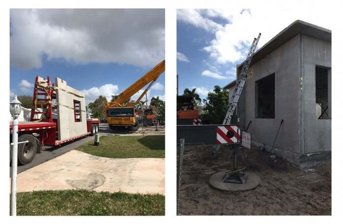 A picture of a truck carrying a house and a picture of a house being built