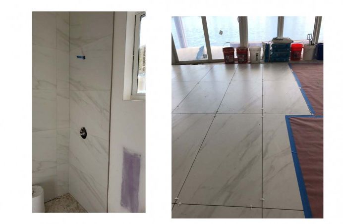 A picture of a shower and a picture of a tiled floor