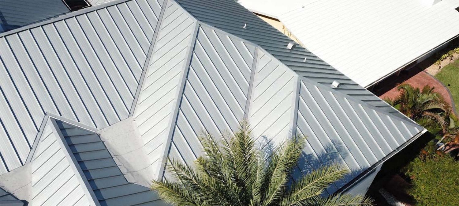 An aerial view of a house with a metal roof and a palm tree.