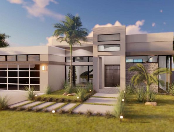 An artist 's impression of a modern house with a piano and palm trees