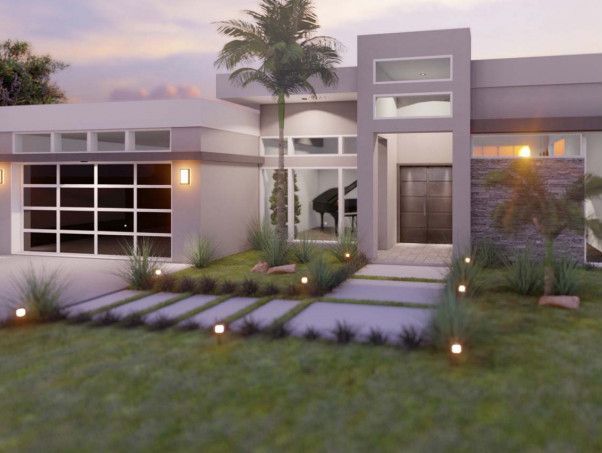 A modern house with a palm tree in front of it