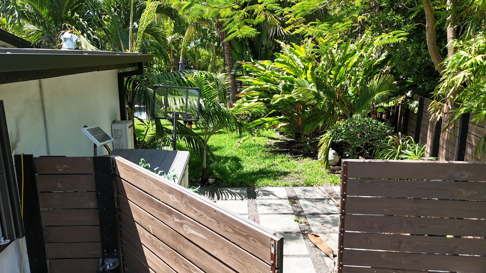 A wooden fence is surrounded by trees in a backyard.
