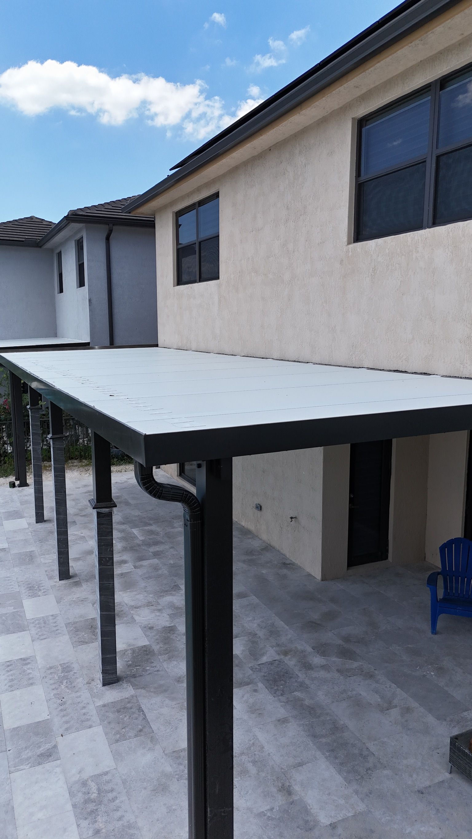A house with a covered patio in front of it
