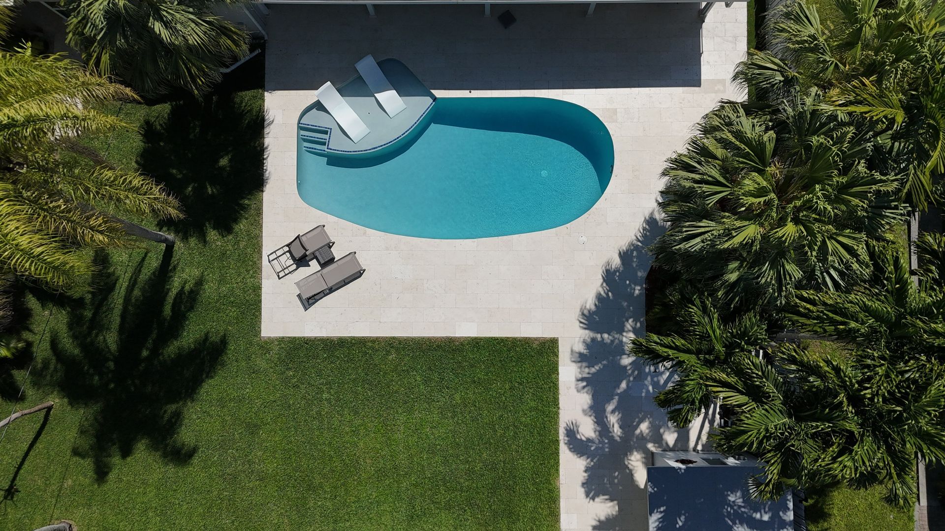 An aerial view of a swimming pool surrounded by palm trees.