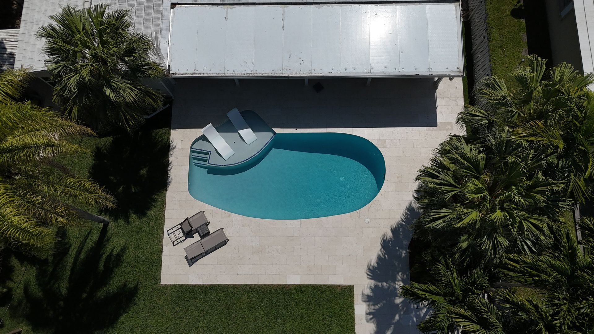 An aerial view of a swimming pool surrounded by palm trees