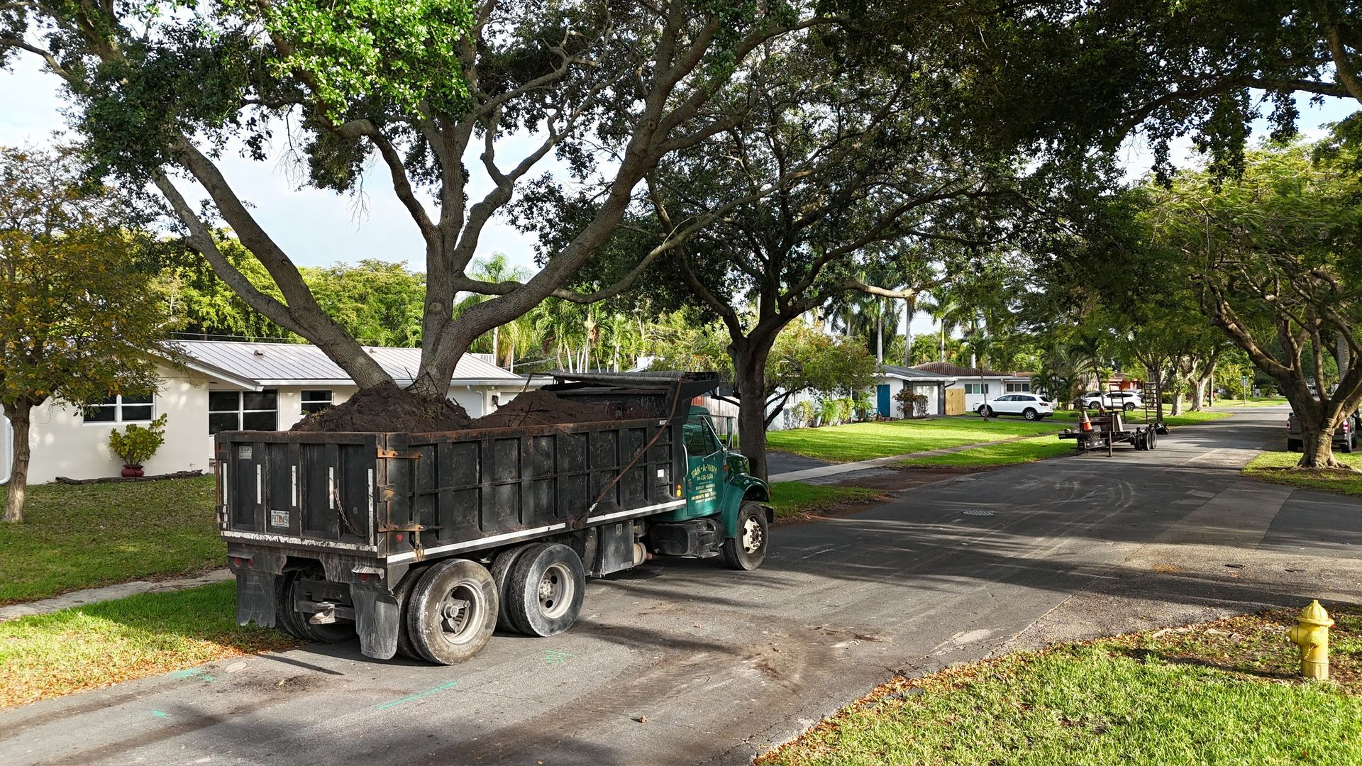A dump truck is parked on the side of the road next to a tree.
