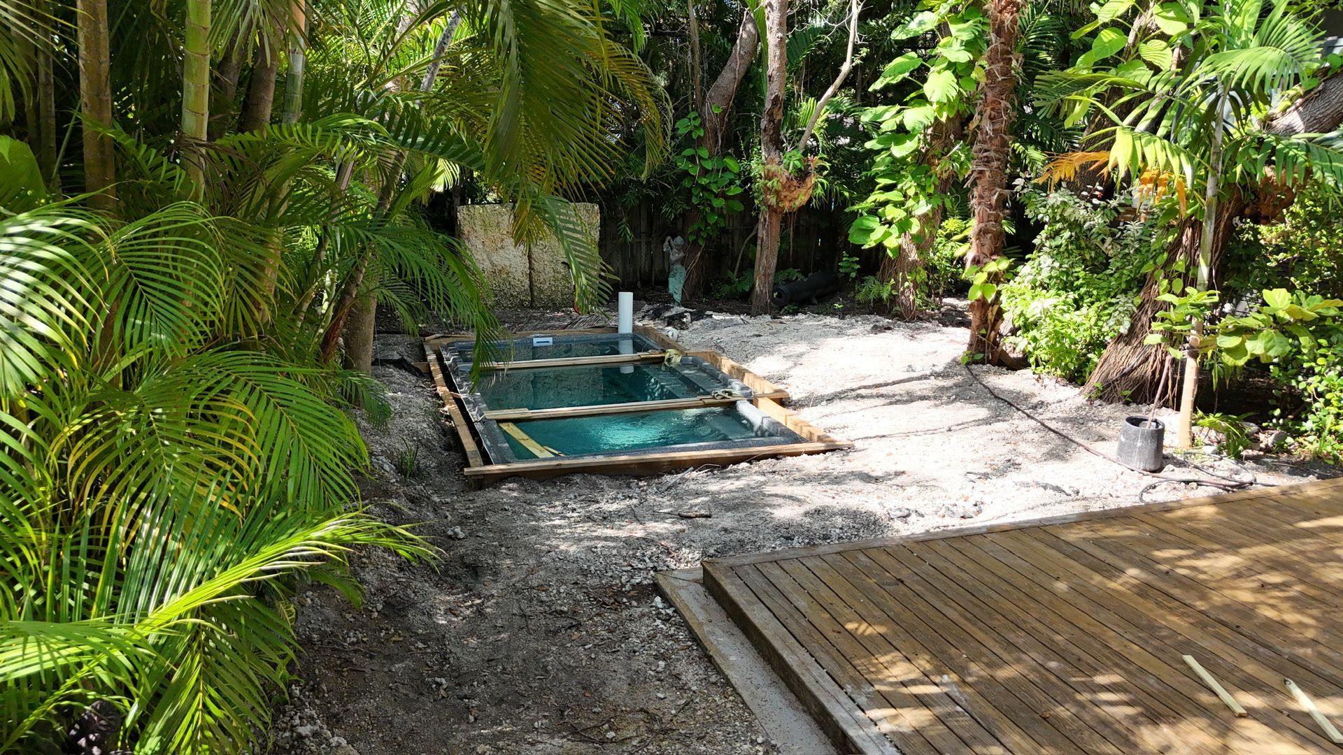 A small pool is surrounded by trees and a wooden deck.