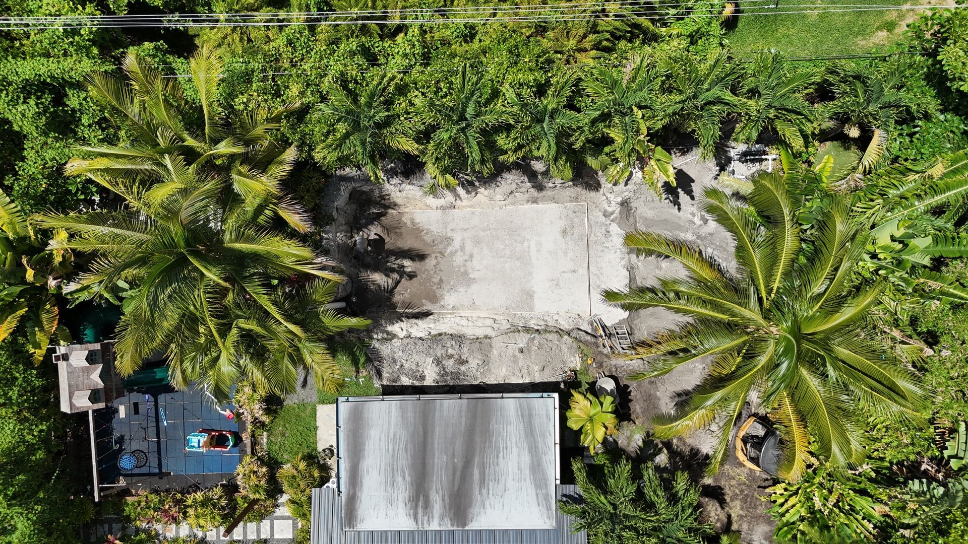 An aerial view of a house surrounded by palm trees.