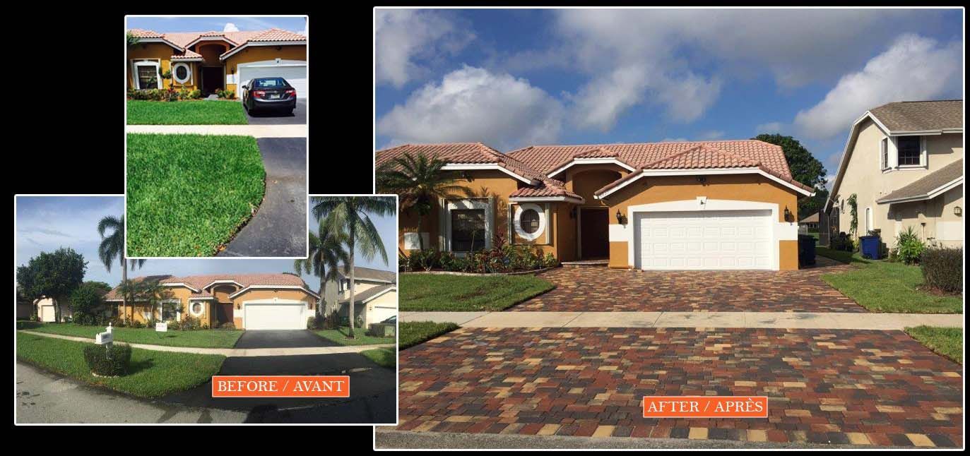 A before and after picture of a house with a brick driveway