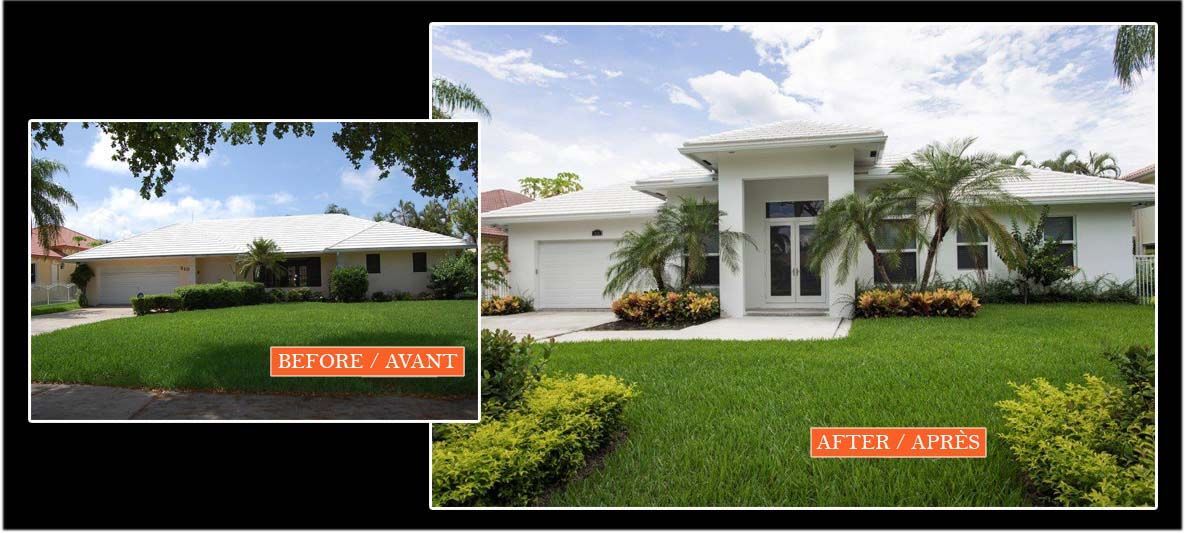 A before and after picture of a house with a white roof.