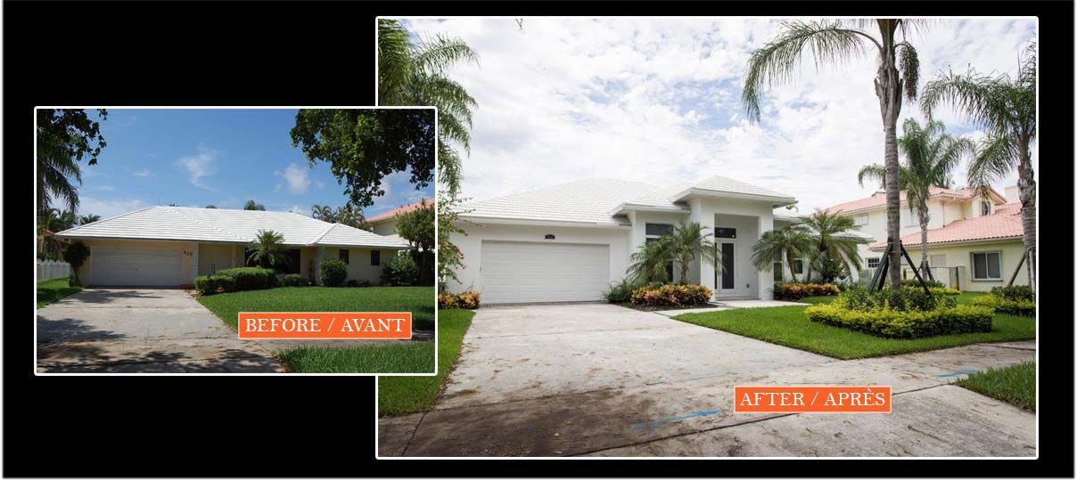 A before and after photo of a house with palm trees