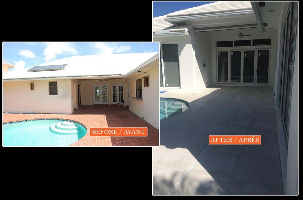 A before and after photo of a house with a pool